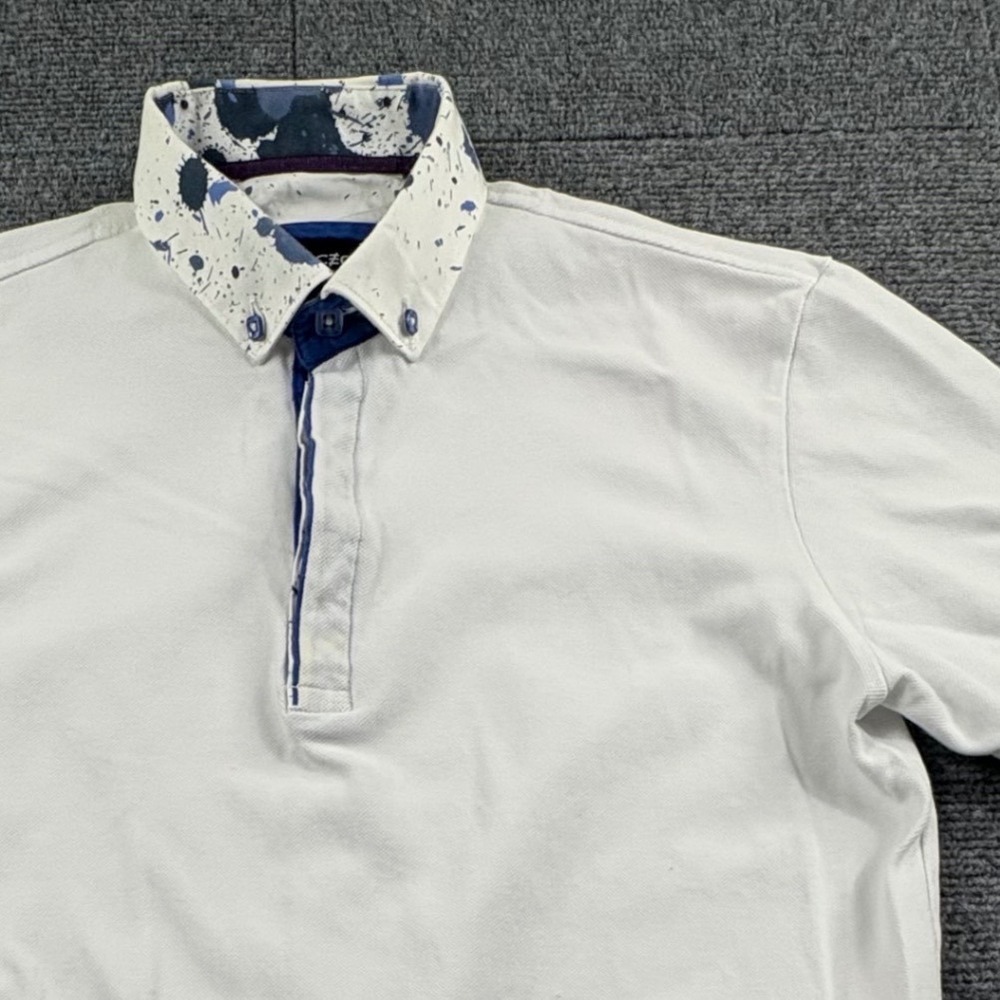 Maceoo Mens White Cotton Polo Shirt Blue Splatter Collar Short Sleeve Size S